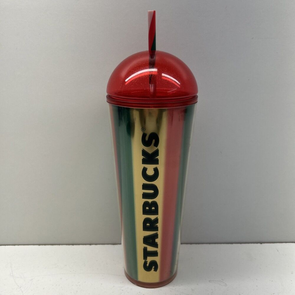 Starbucks Metallic Red‎ Green Gold Stripe Cold Cup Dome Tumbler 24oz